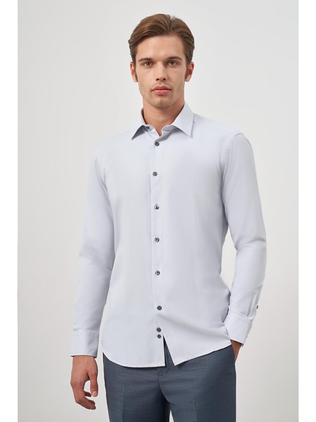 Gri Uzun Kol Kendinden Desenli Armürlü 041 Sert Yaka Classic Comfort Fit Gömlek 1004245154-4