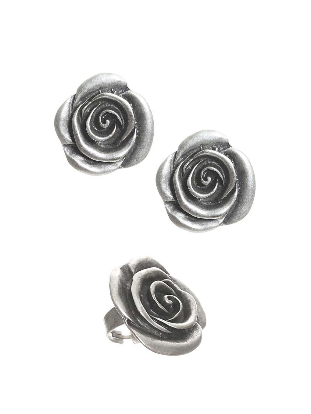 Gri Kadın Antik Gümüş Kaplama Gül Formlu Çivili Model Küpe &Yüzük Set