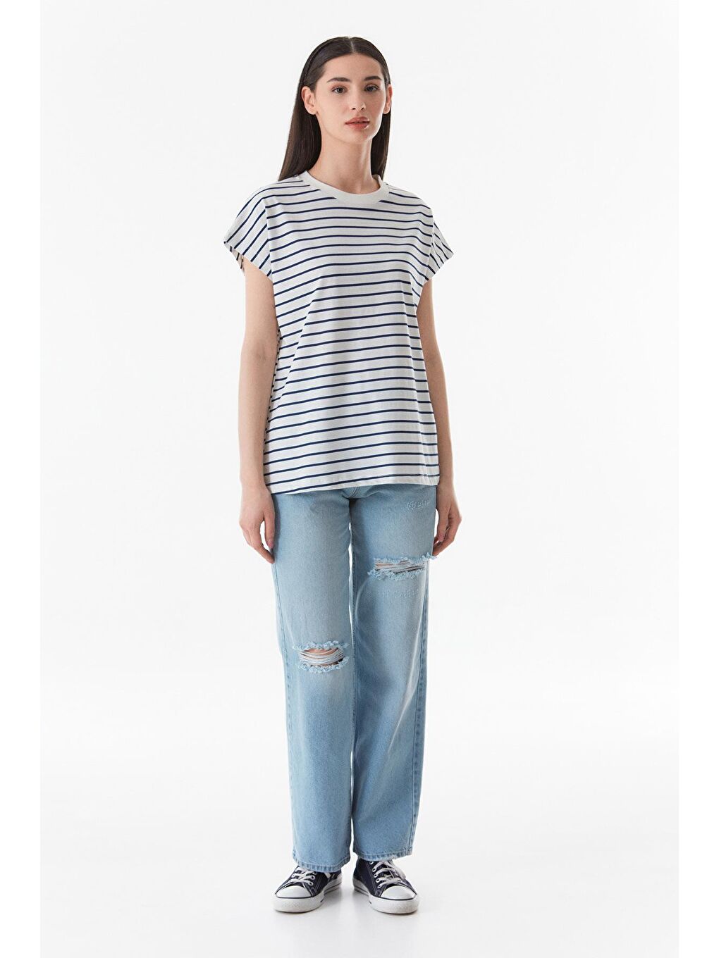 Lacivert Çizgili Bisiklet Yaka Oversize Tişört-2