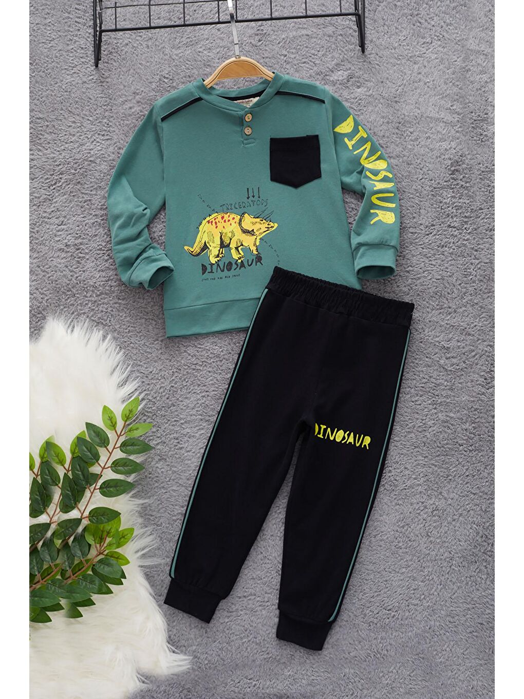 Yeşil Dinozor Baskılı Cepli Erkek Bebek Eşofman Takımı 17321