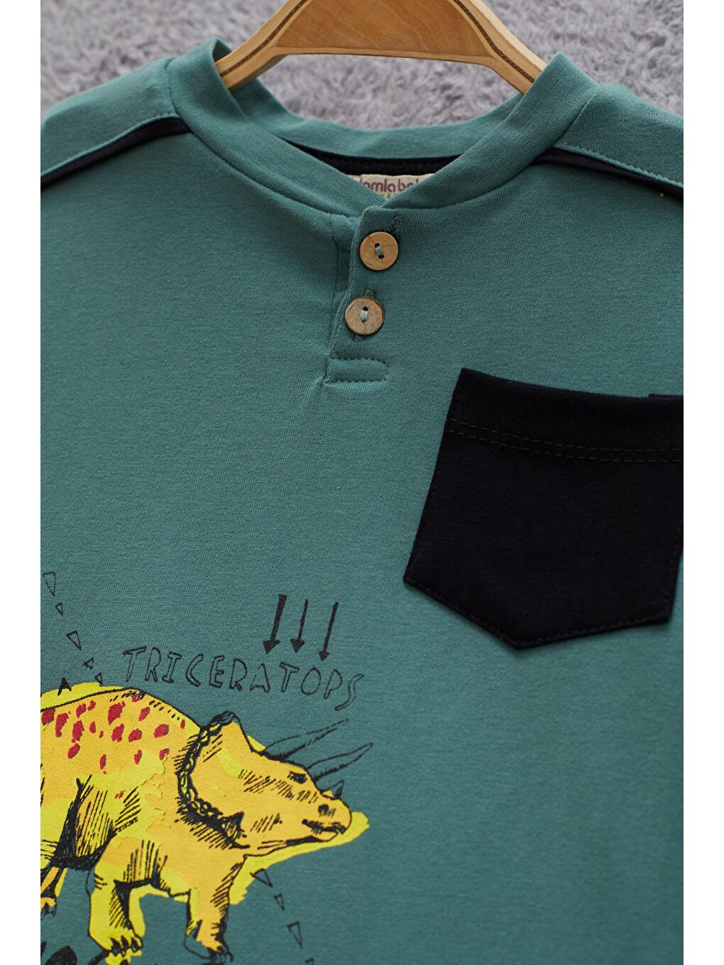 Yeşil Dinozor Baskılı Cepli Erkek Bebek Eşofman Takımı 17321-1