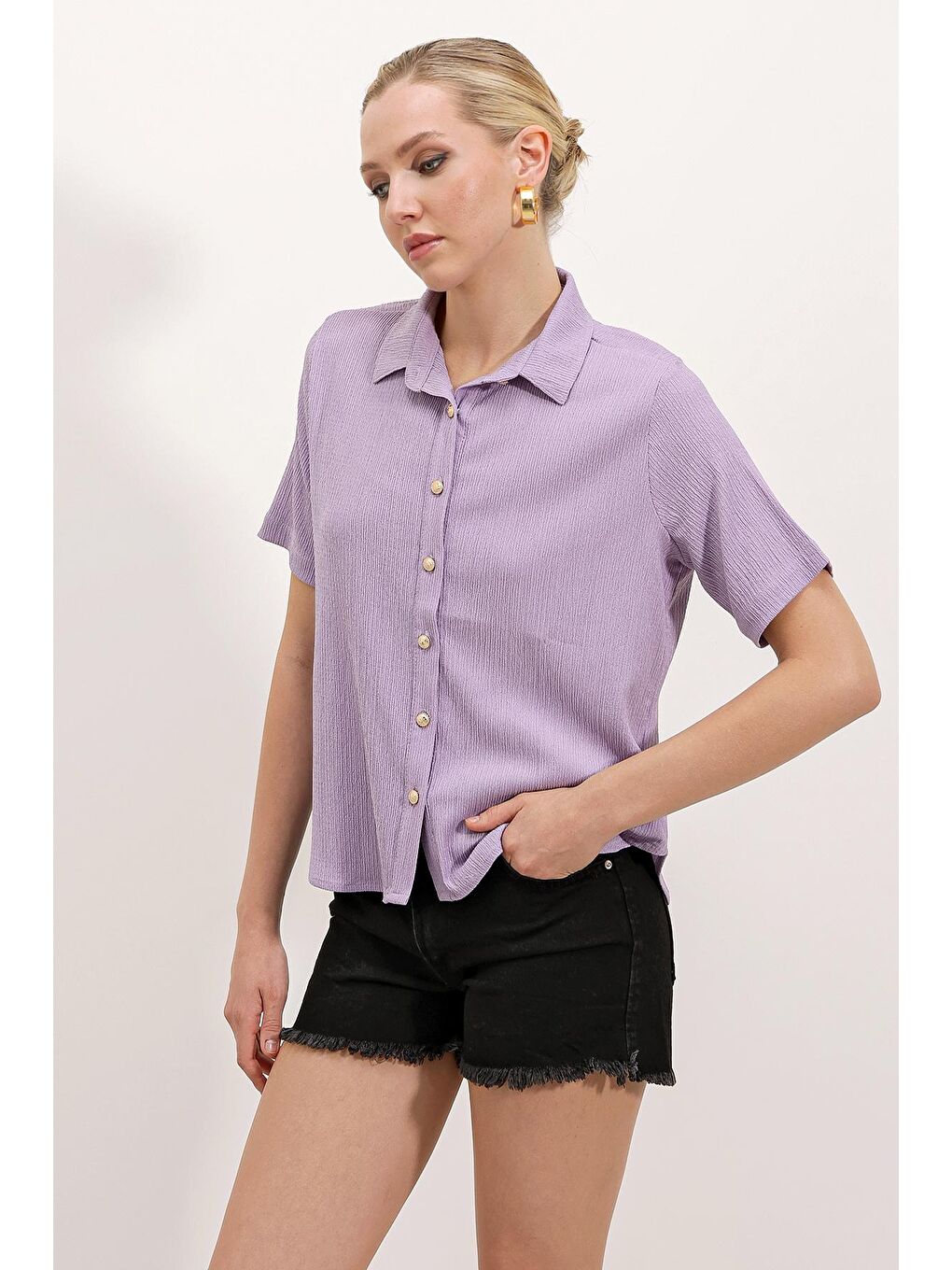 20181 Gold Düğmeli Örme Gömlek - Lila-1