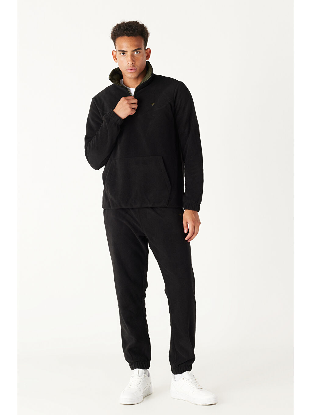 Erkek Siyah-Haki Standart Fit Normal Kesim Bato Yaka Alt-Üst Polar Eşofman Takımı