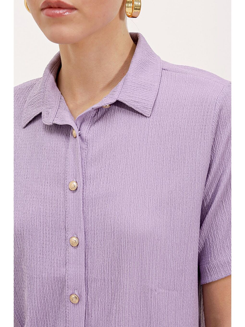 20181 Gold Düğmeli Örme Gömlek - Lila-2