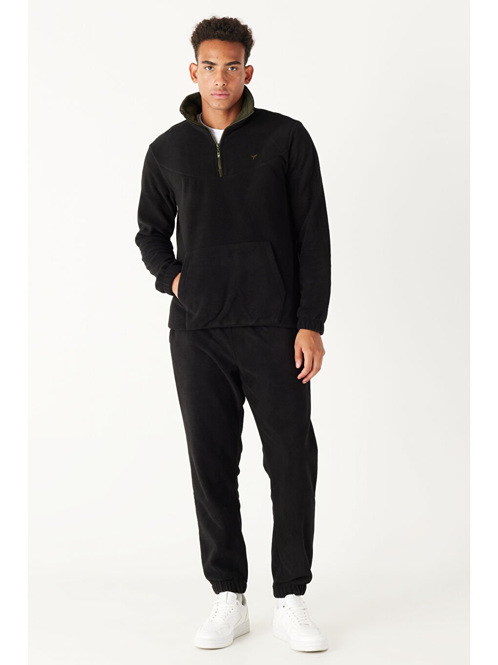 Erkek Siyah-Haki Standart Fit Normal Kesim Bato Yaka Alt-Üst Polar Eşofman Takımı-2