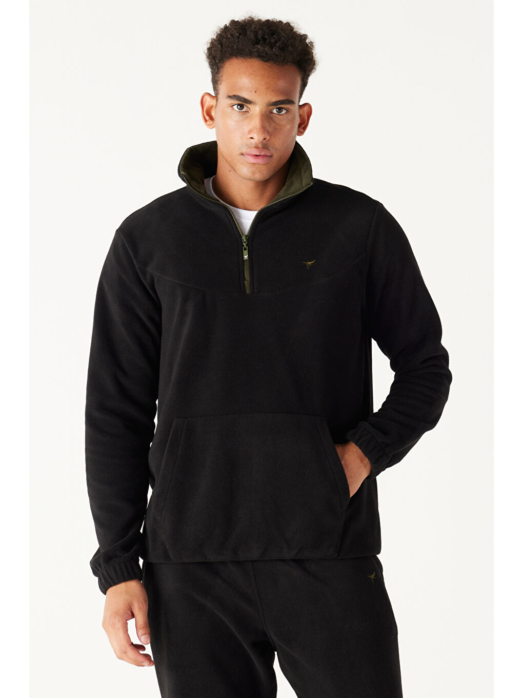 Erkek Siyah-Haki Standart Fit Normal Kesim Bato Yaka Alt-Üst Polar Eşofman Takımı-4