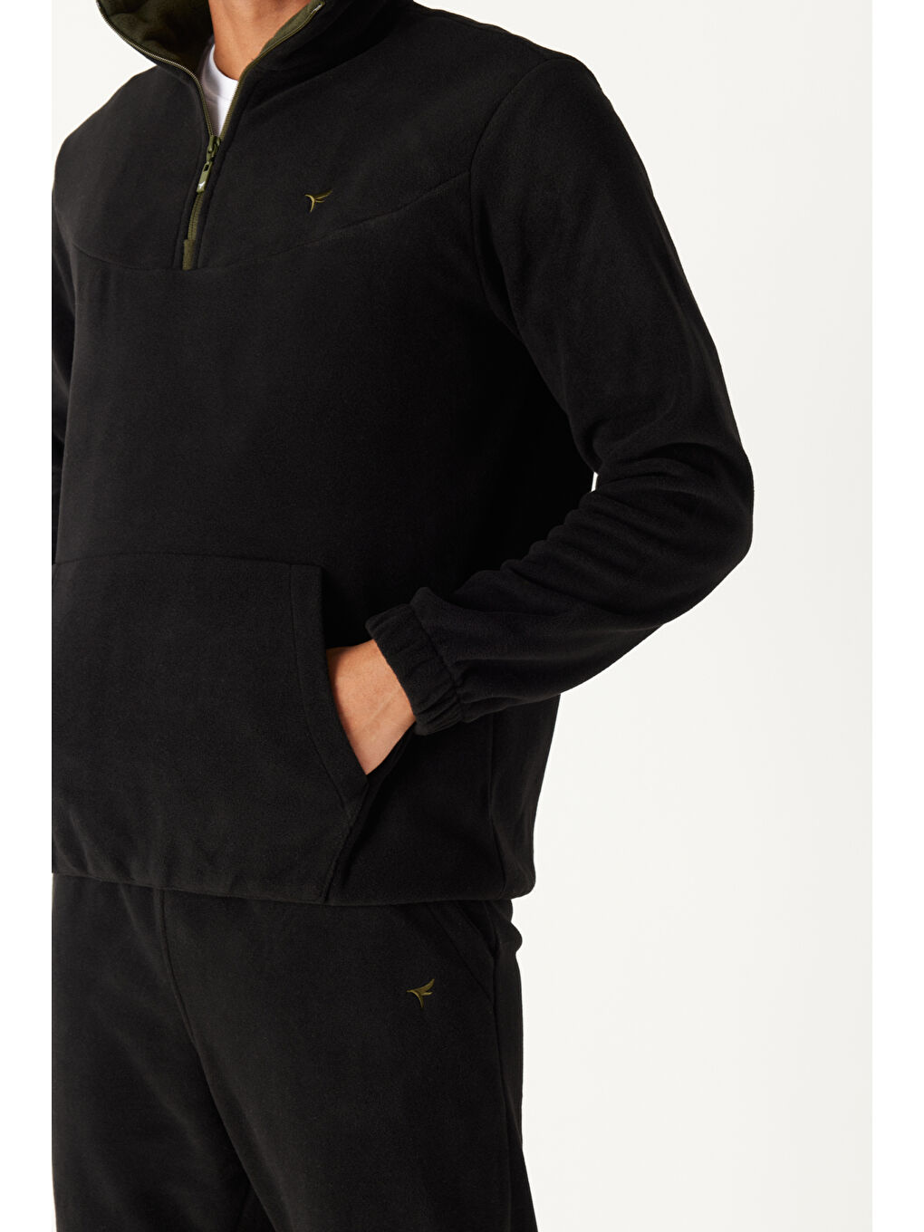 Erkek Siyah-Haki Standart Fit Normal Kesim Bato Yaka Alt-Üst Polar Eşofman Takımı-5