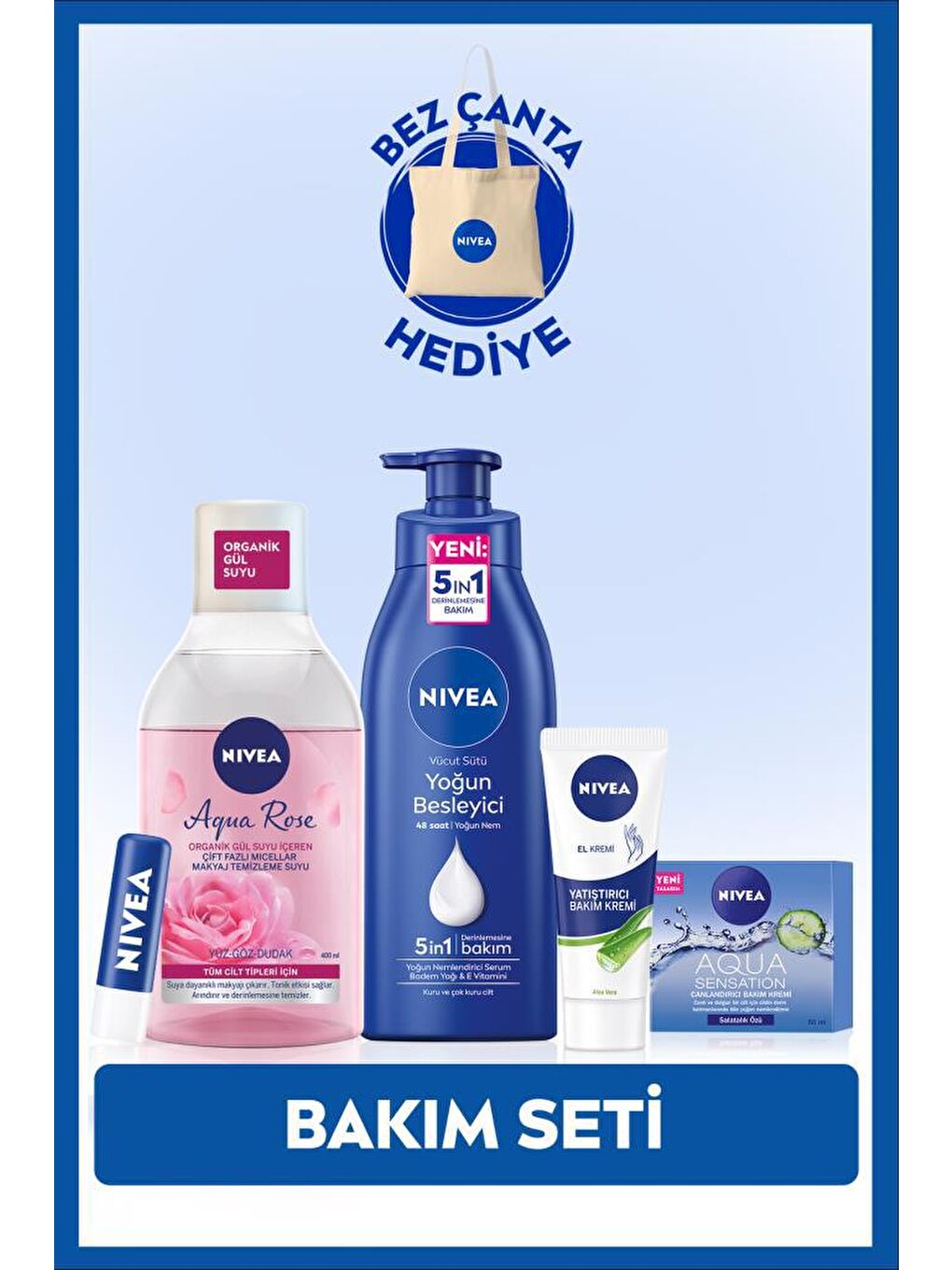 NIVEA Şeffaf Vücut Losyonu 400 ml, Makyaj Temizleme Suyu, Dudak Bakım Kremi, Yüz Kremi, El Kremi, Bez Çanta Hediy