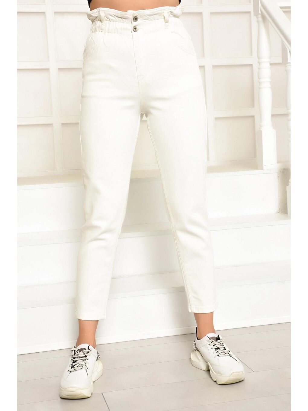 Ekru Elastanlı Bel Lastikli Pantolon-1