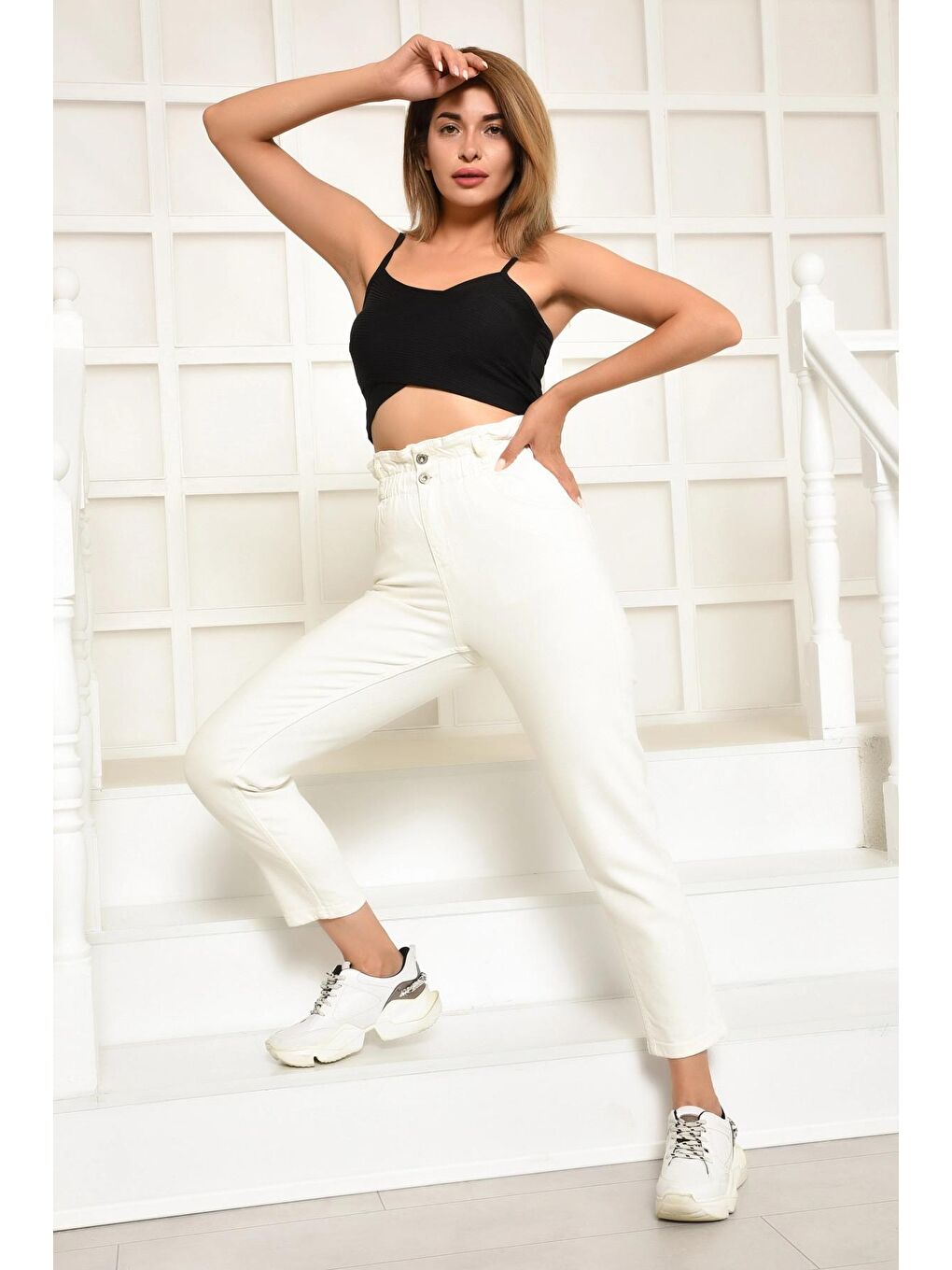 Ekru Elastanlı Bel Lastikli Pantolon-2
