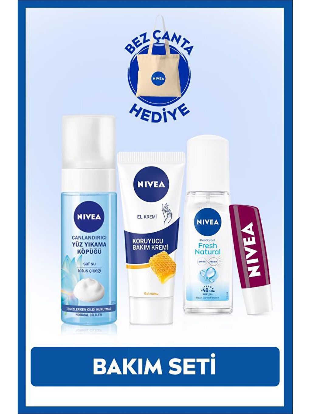 NIVEA Şeffaf Deodorant 75 ml, Yüz Yıkama Köpüğü, El Kremi, Dudak Bakım Lipstick, Bez Çanta Hediye Seti