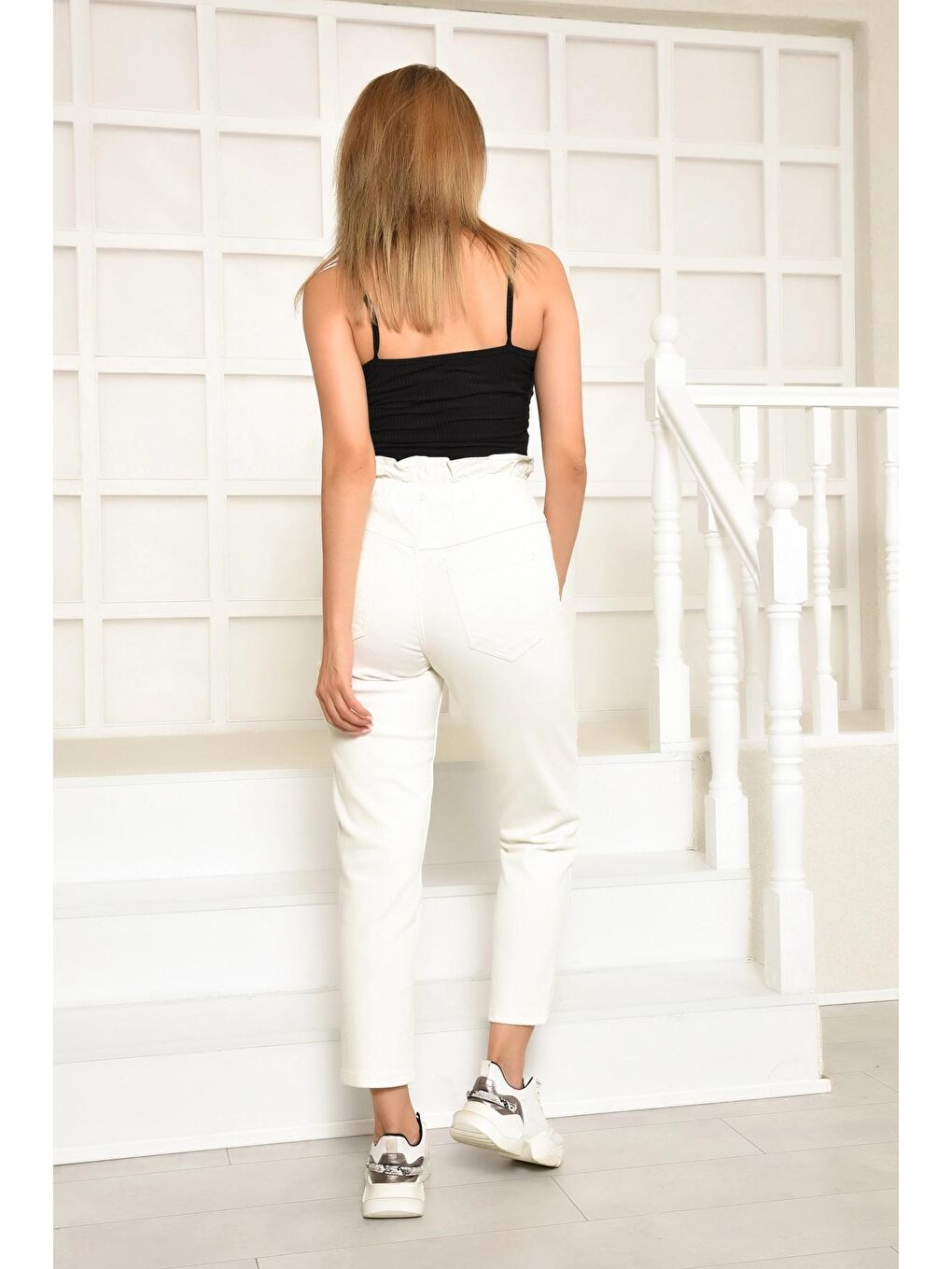 Ekru Elastanlı Bel Lastikli Pantolon-3