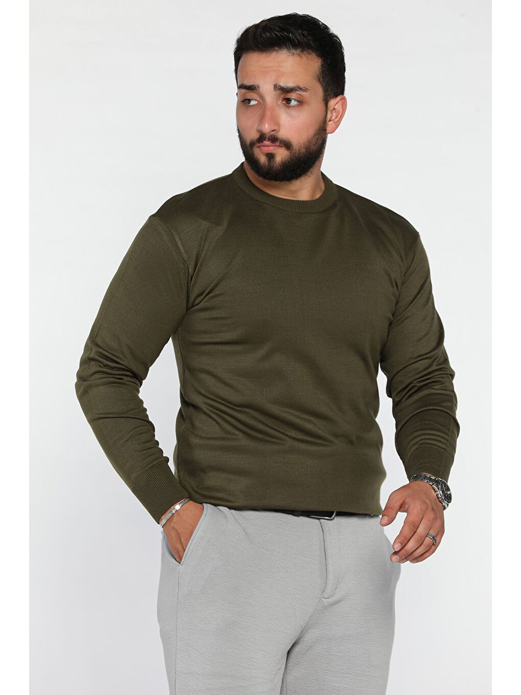 Haki Erkek Bisiklet Yaka Triko Kazak