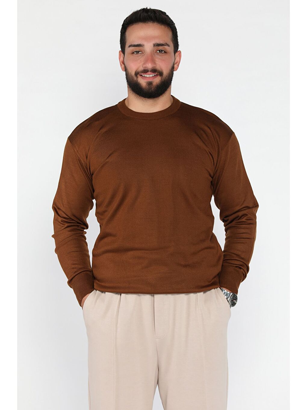 Kahverengi Erkek Bisiklet Yaka Triko Kazak