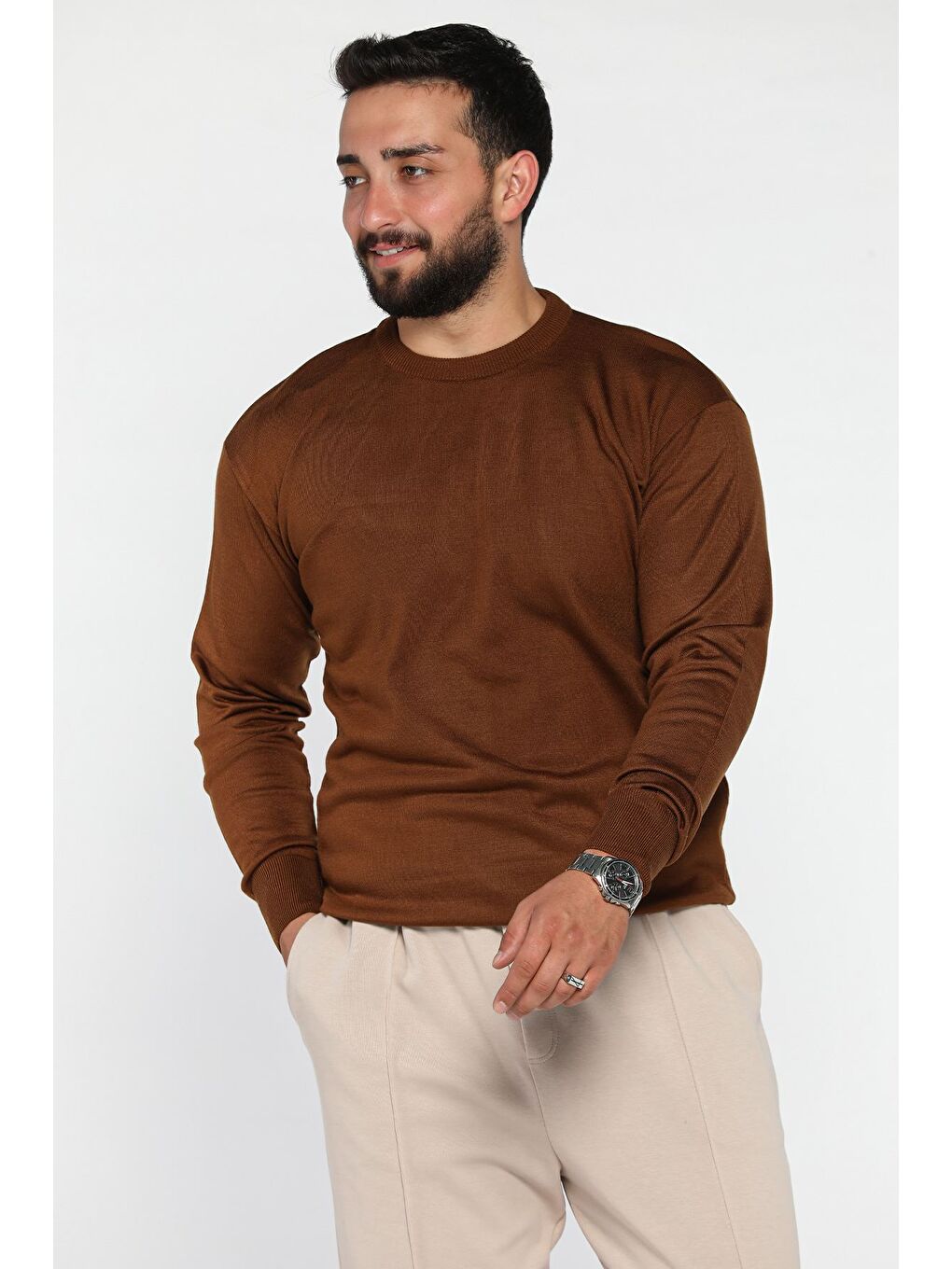 Kahverengi Erkek Bisiklet Yaka Triko Kazak-1