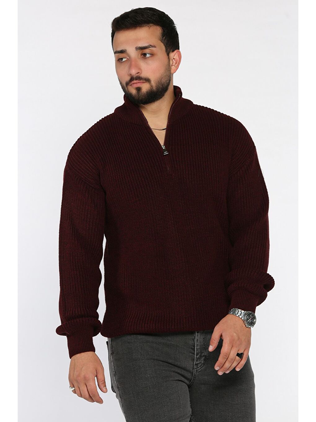 Bordo Erkek Yarım Fermuarlı Triko Kazak-1