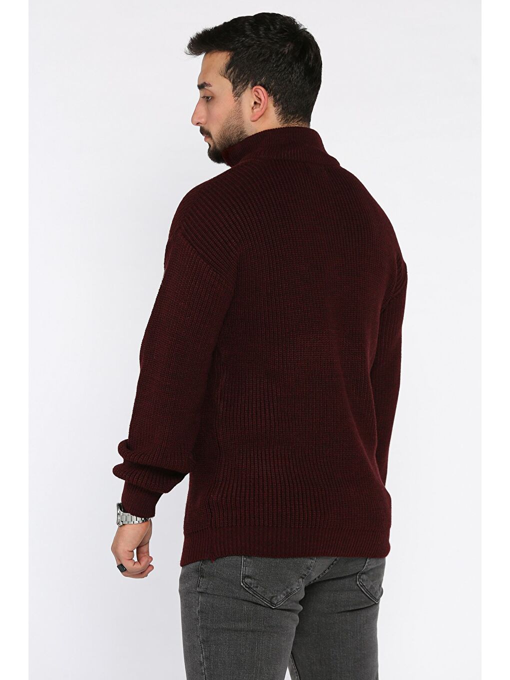 Bordo Erkek Yarım Fermuarlı Triko Kazak-2