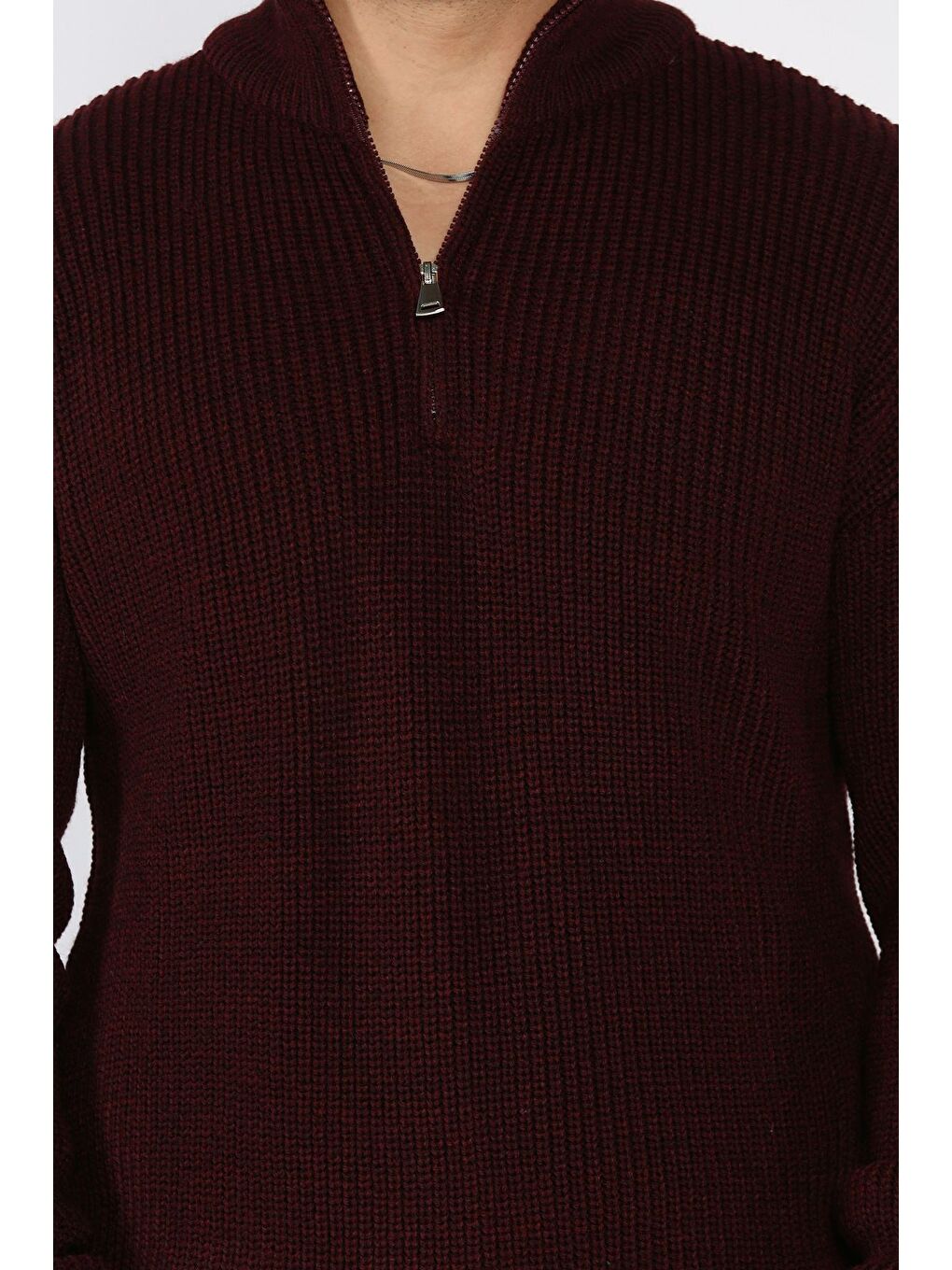 Bordo Erkek Yarım Fermuarlı Triko Kazak-3