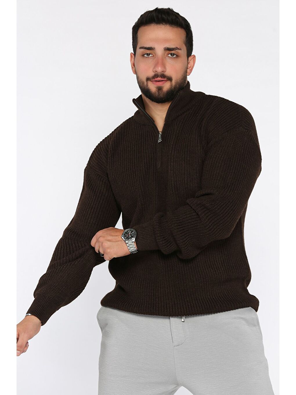 Kahverengi Erkek Yarım Fermuarlı Triko Kazak