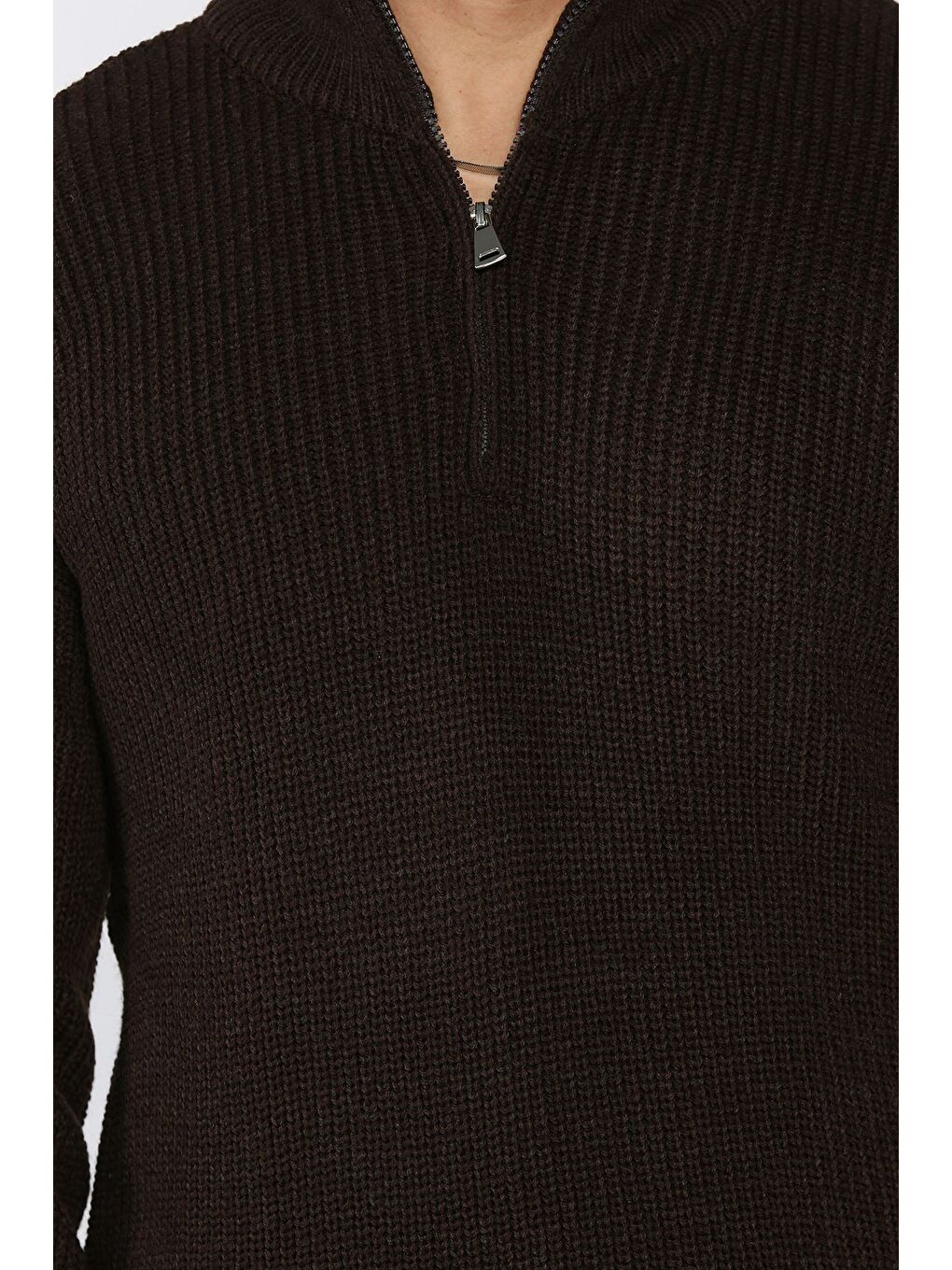 Kahverengi Erkek Yarım Fermuarlı Triko Kazak-3