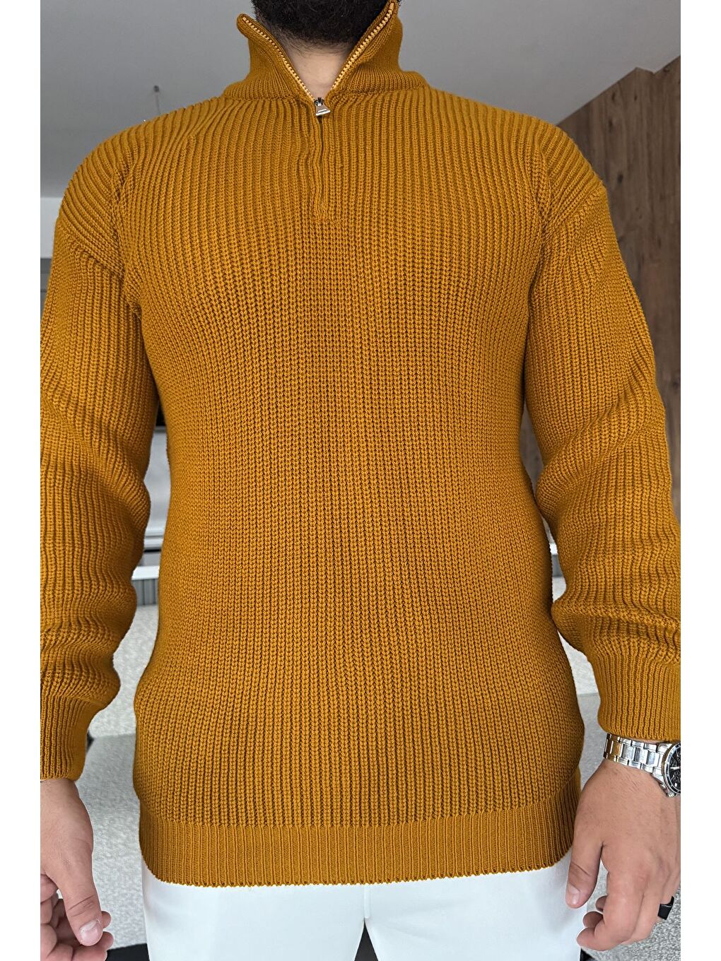 Kahverengi Erkek Yarım Fermuarlı Triko Kazak-2