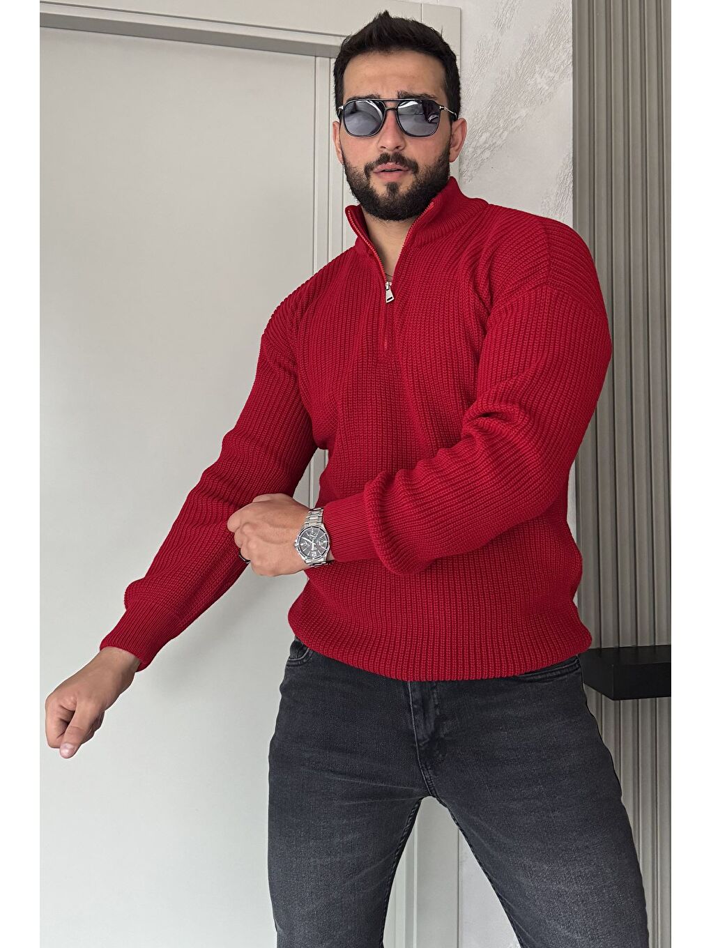 Kırmızı Erkek Yarım Fermuarlı Triko Kazak
