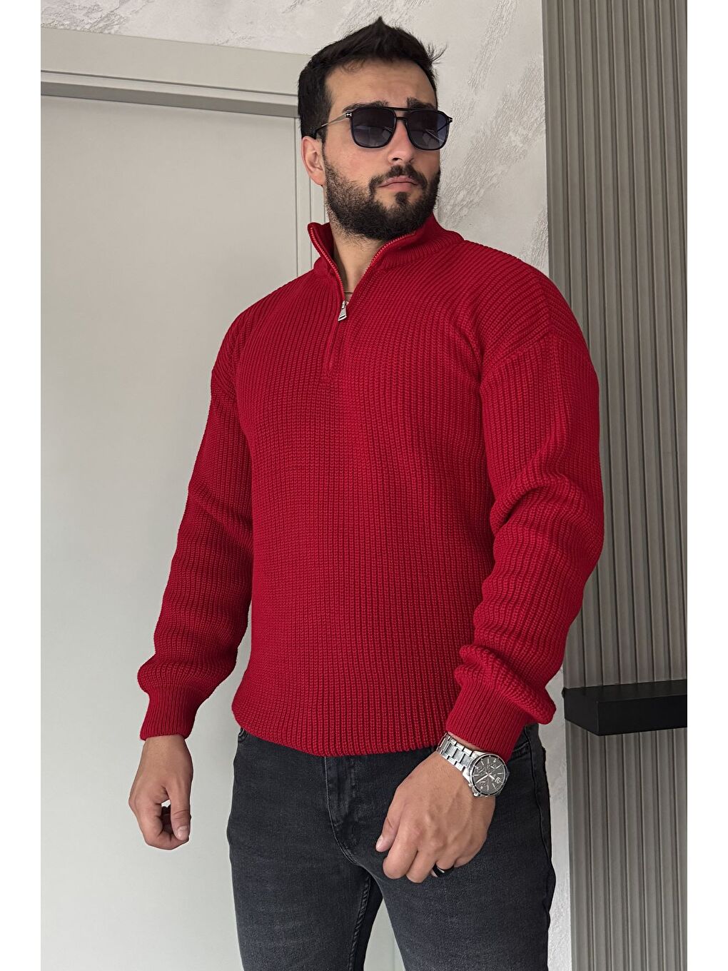 Kırmızı Erkek Yarım Fermuarlı Triko Kazak-1