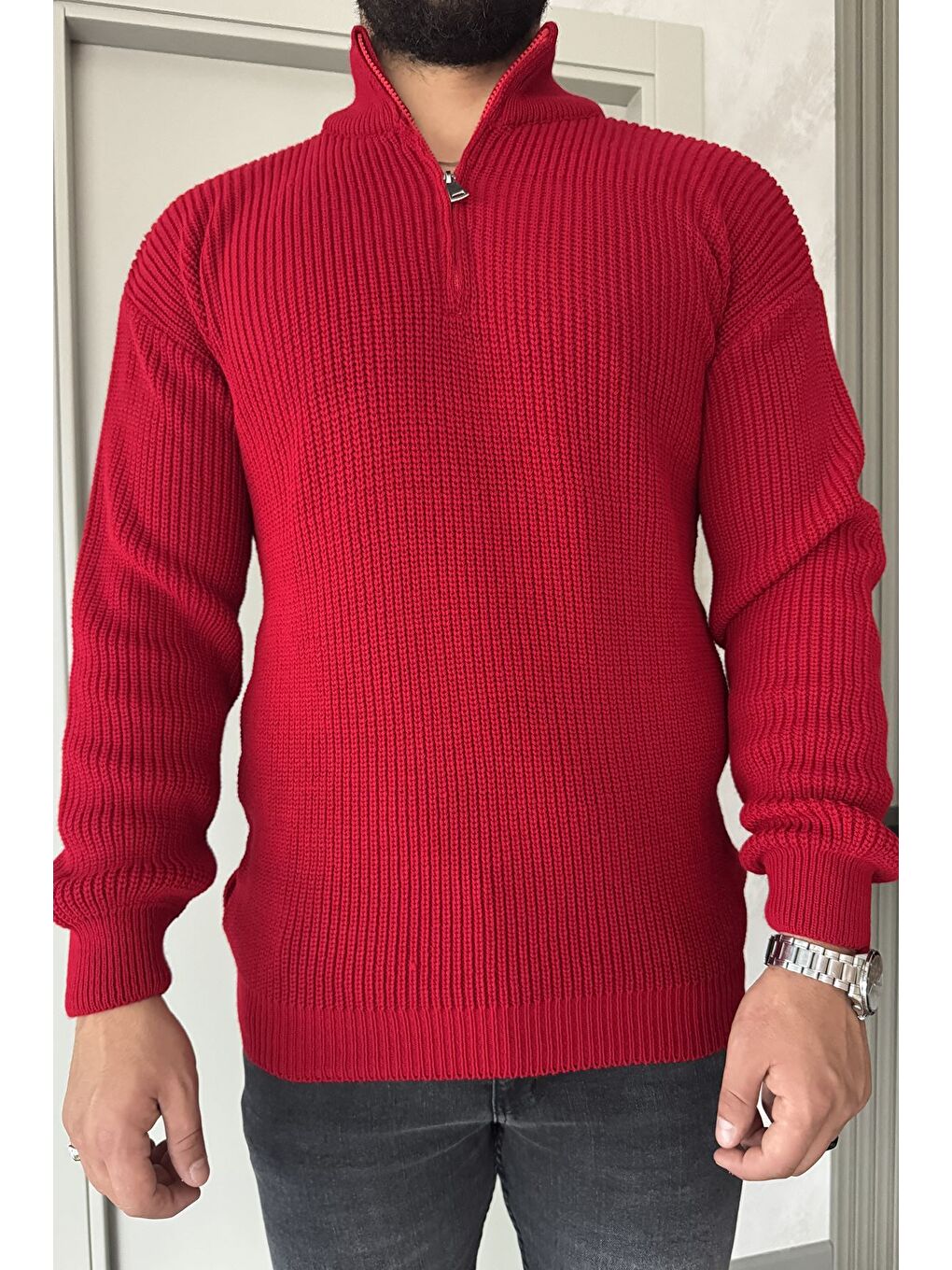 Kırmızı Erkek Yarım Fermuarlı Triko Kazak-2