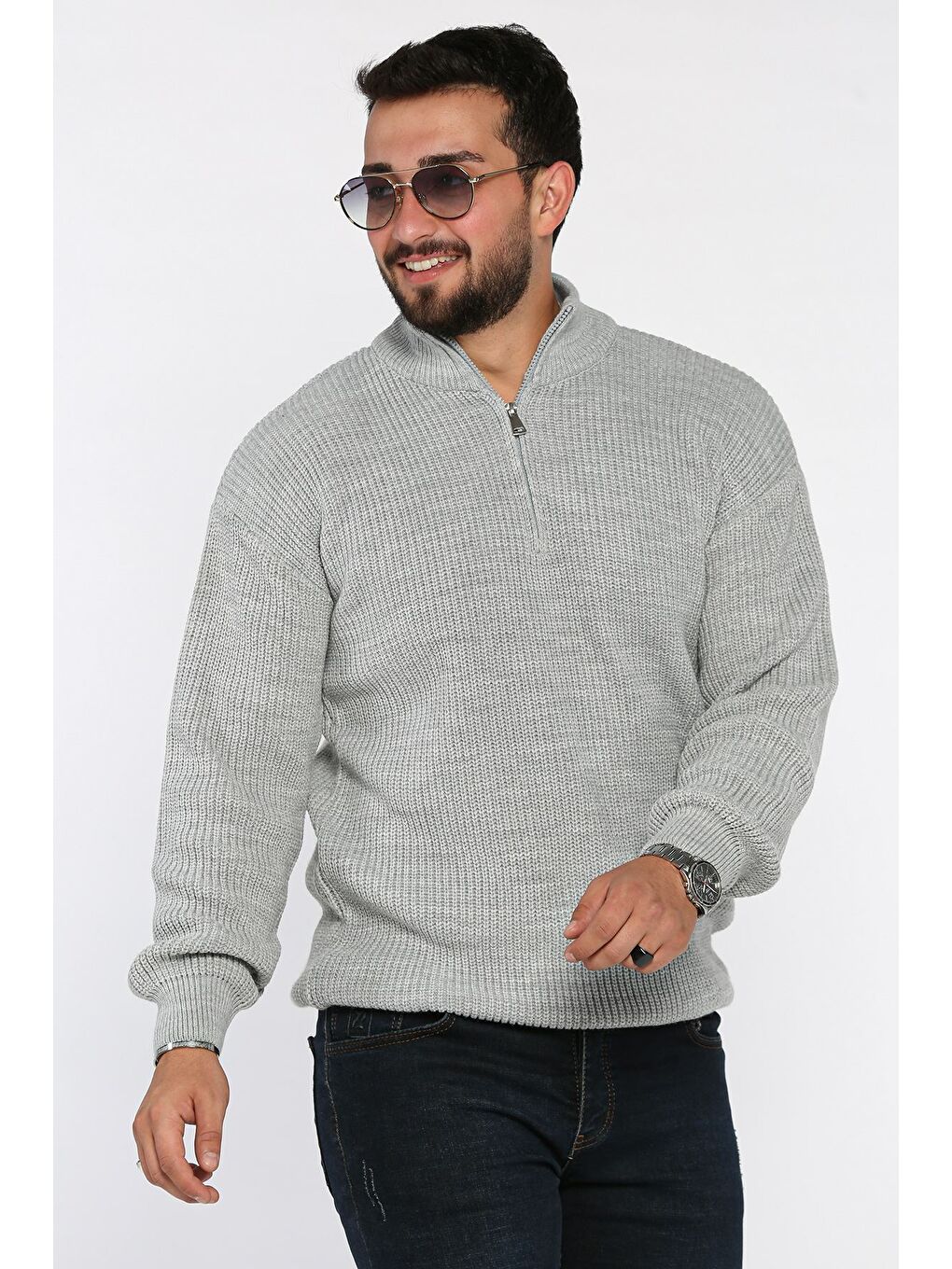 Gri Erkek Yarım Fermuarlı Triko Kazak