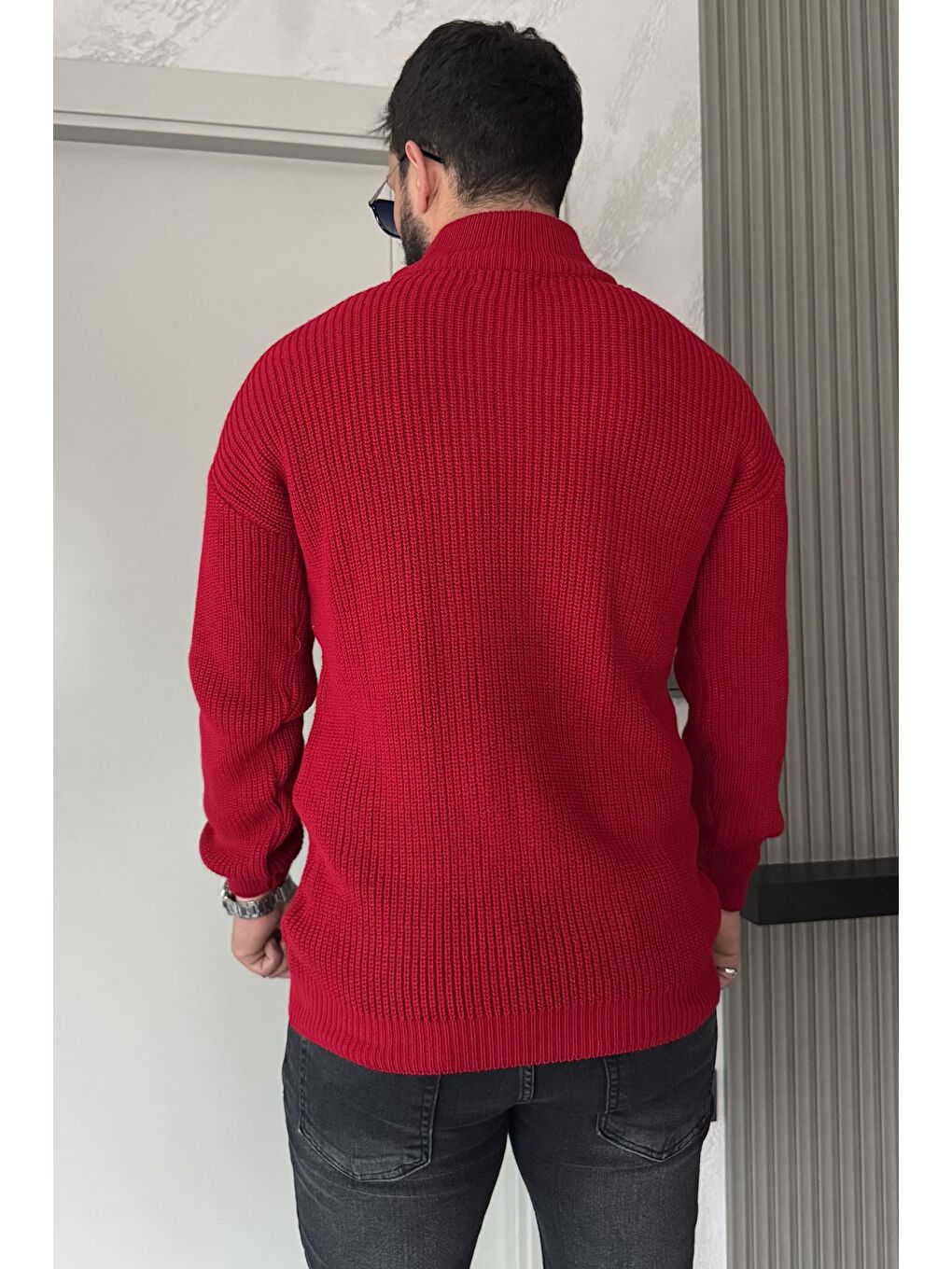Kırmızı Erkek Yarım Fermuarlı Triko Kazak-3
