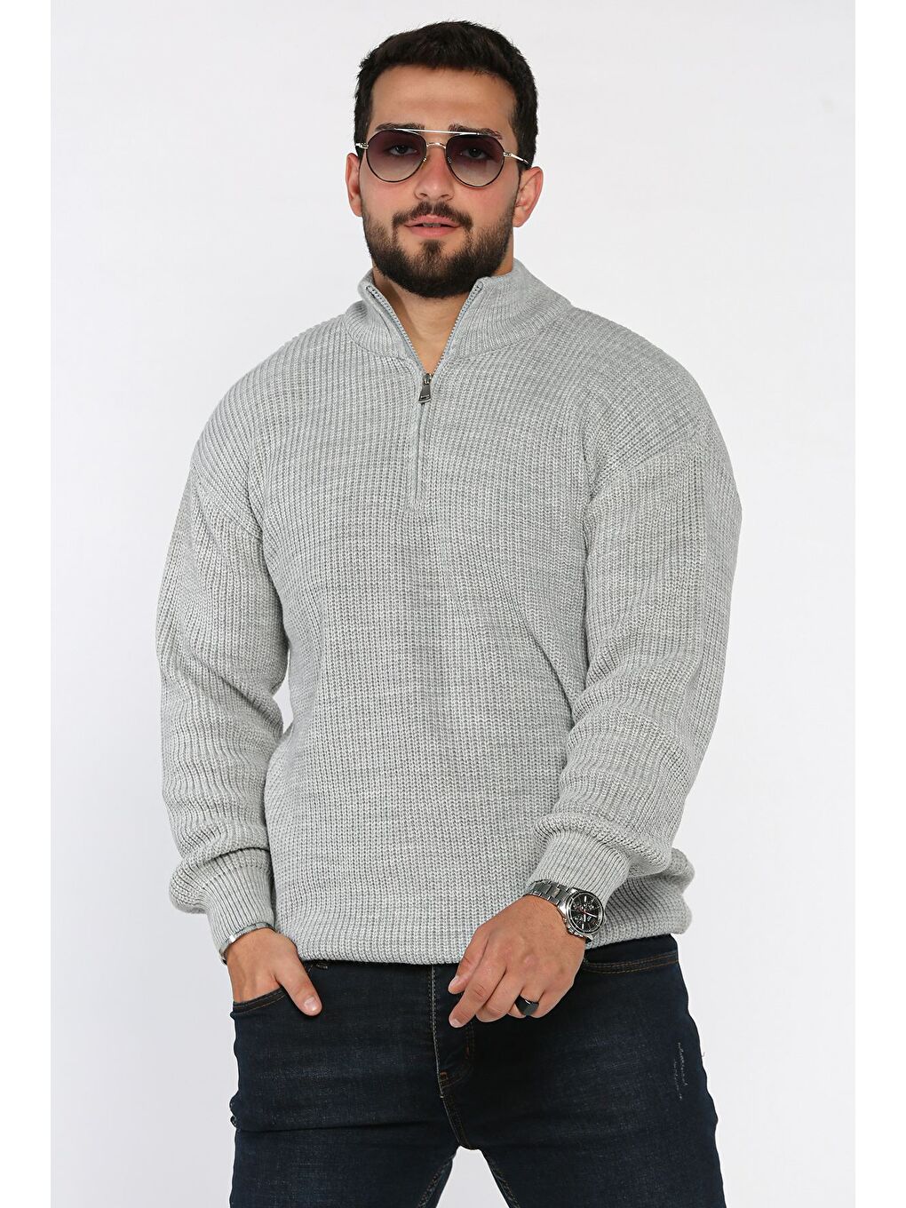 Gri Erkek Yarım Fermuarlı Triko Kazak-1