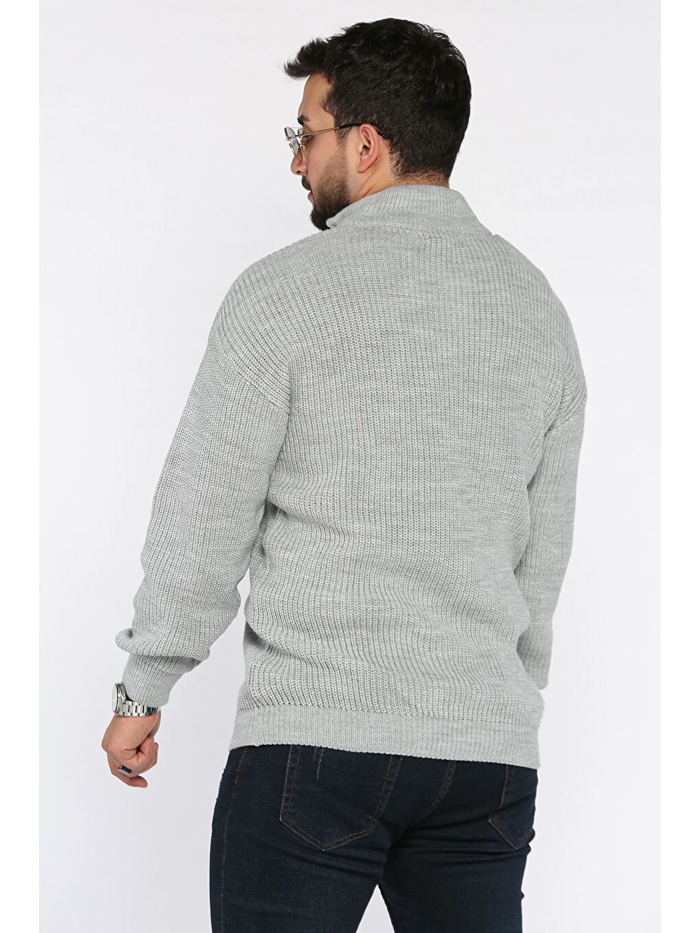 Gri Erkek Yarım Fermuarlı Triko Kazak-2
