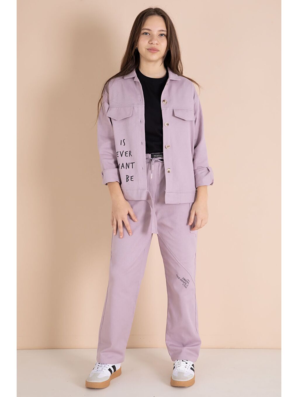 Pembe Yazı Detaylı Gömlekli Kız Çocuk Pantolonlu Gabardin Takım 23564