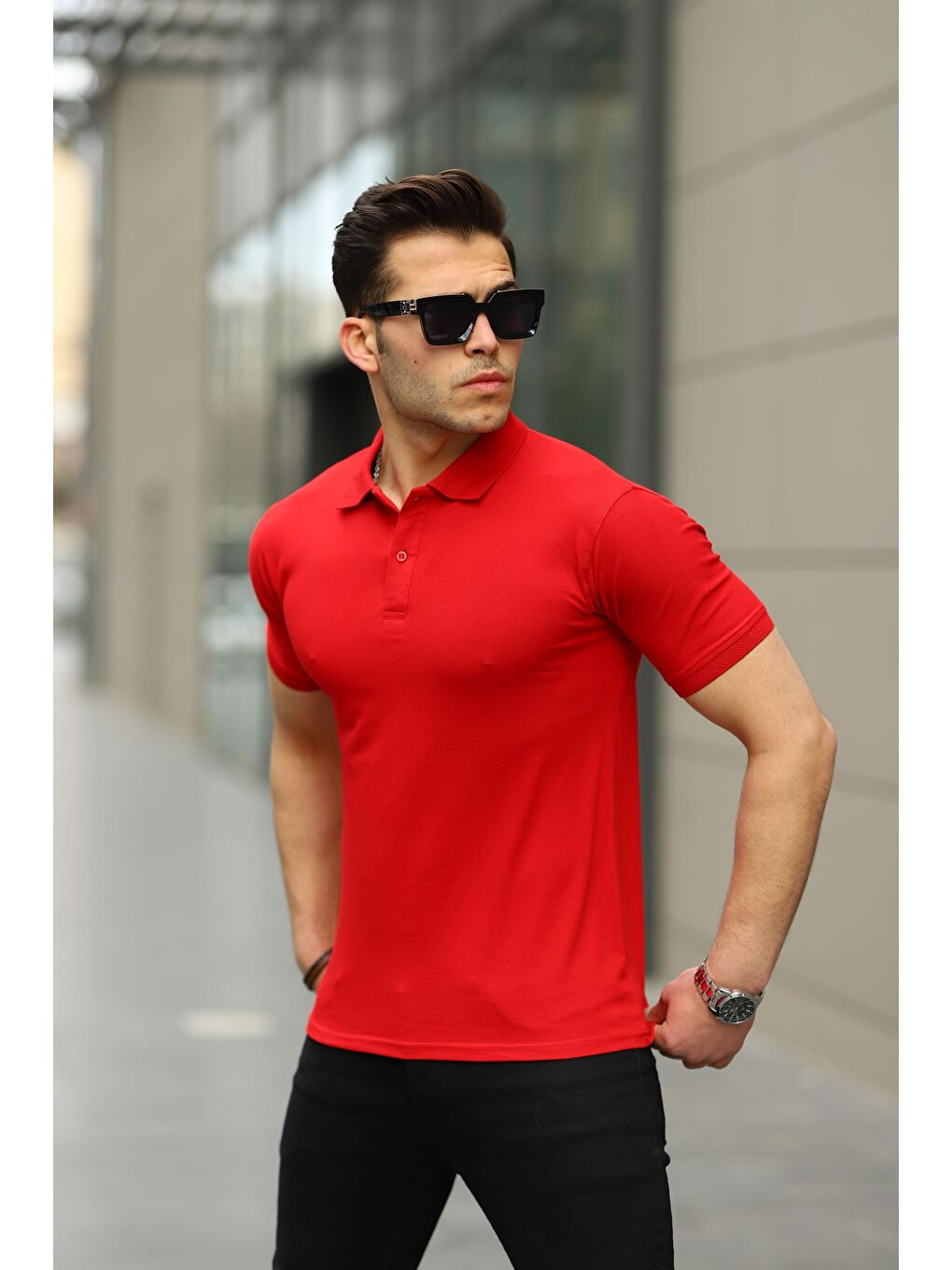 comstar Kırmızı Erkek Kıvrılmaz Polo Yaka Cepsiz Slim Fit Dar Kesim Düz T-Shirt