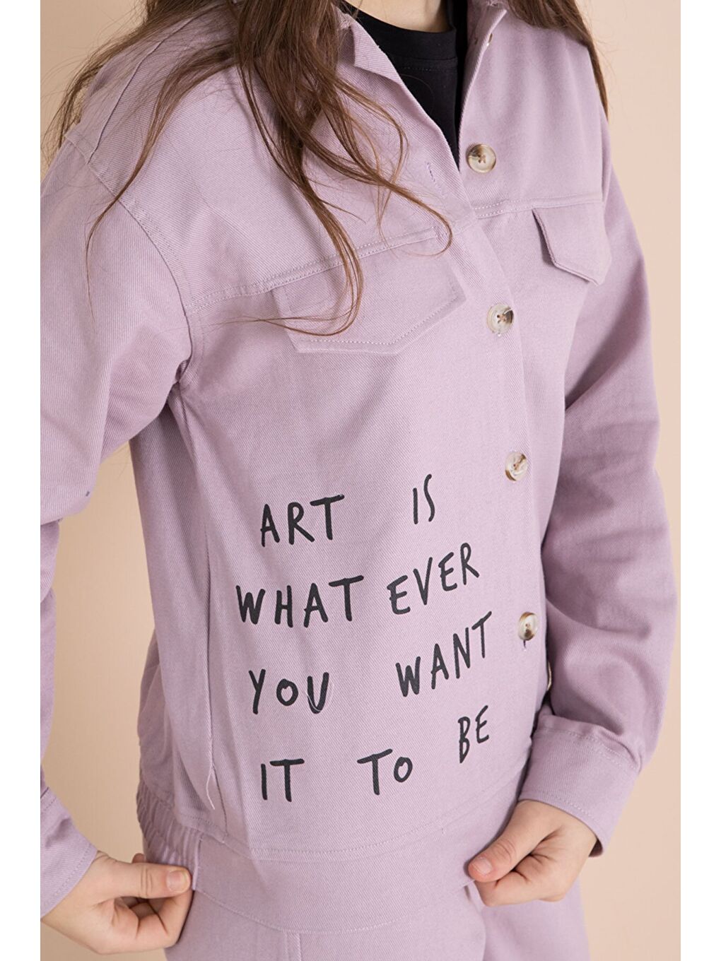 Pembe Yazı Detaylı Gömlekli Kız Çocuk Pantolonlu Gabardin Takım 23564-2