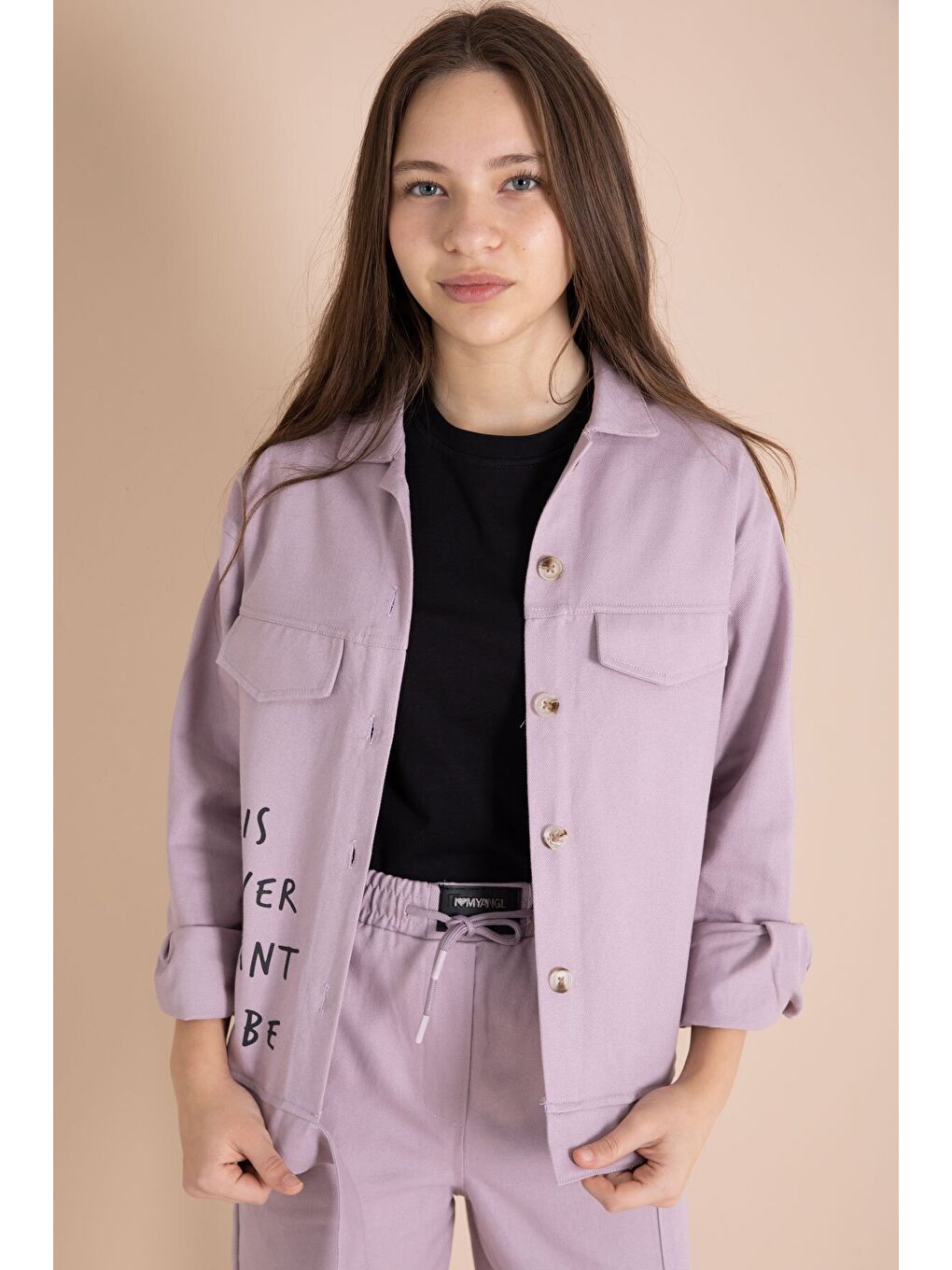 Pembe Yazı Detaylı Gömlekli Kız Çocuk Pantolonlu Gabardin Takım 23564-3