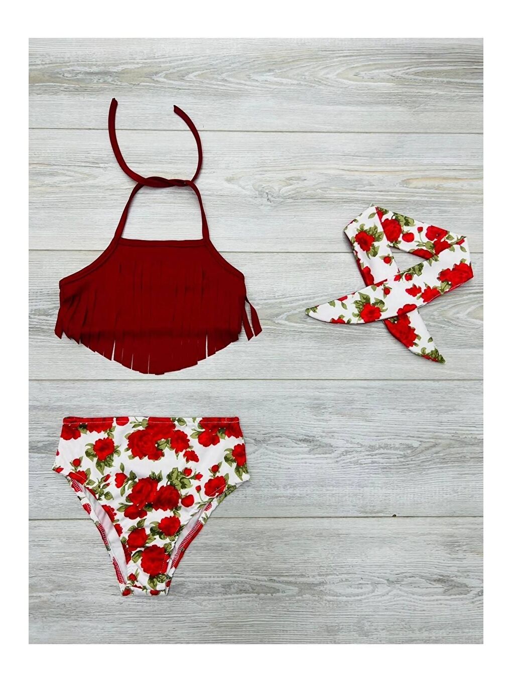 Kırmızı Bandanalı Fırfır Detaylı Yüksek Bel Kız Çocuk Mayo Takımı