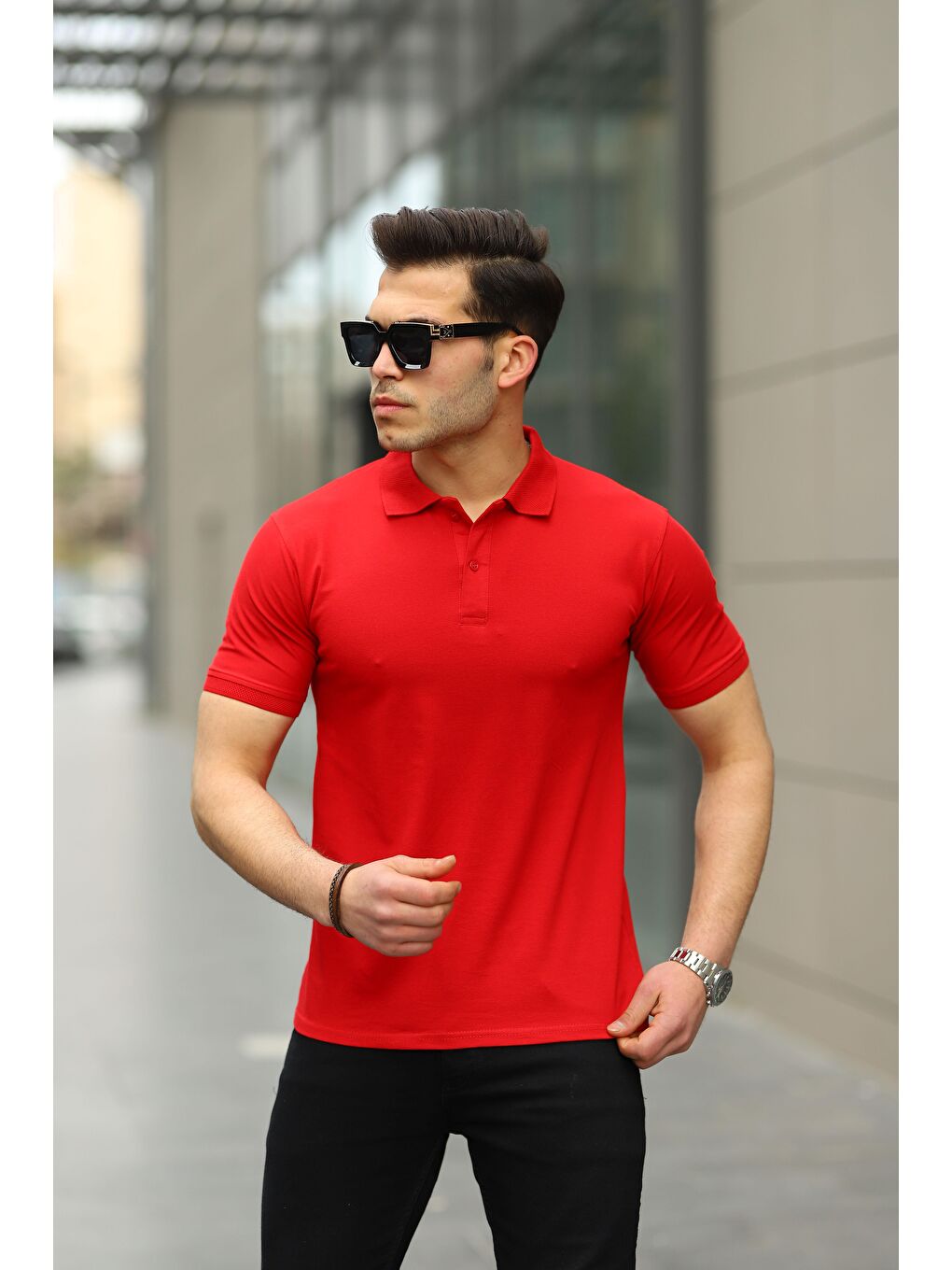 comstar Kırmızı Erkek Kıvrılmaz Polo Yaka Cepsiz Slim Fit Dar Kesim Düz T-Shirt - 2