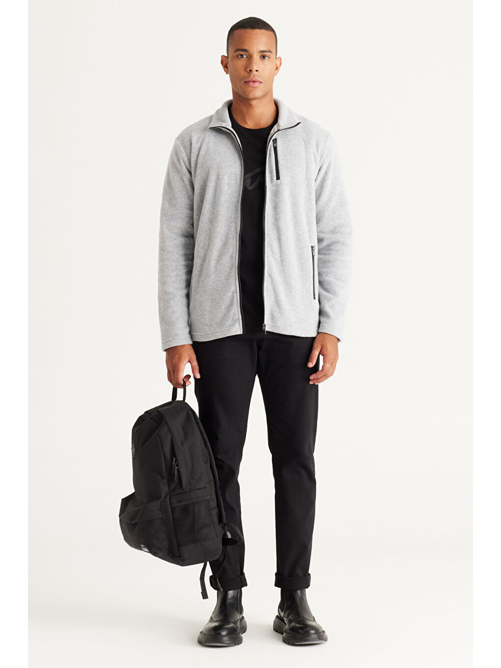 Gri Melanj Standart Fit Bato Yaka Cepli   Soğuk Geçirmez  Erkek Polar Fermuarlı Sweatshirt Hırka