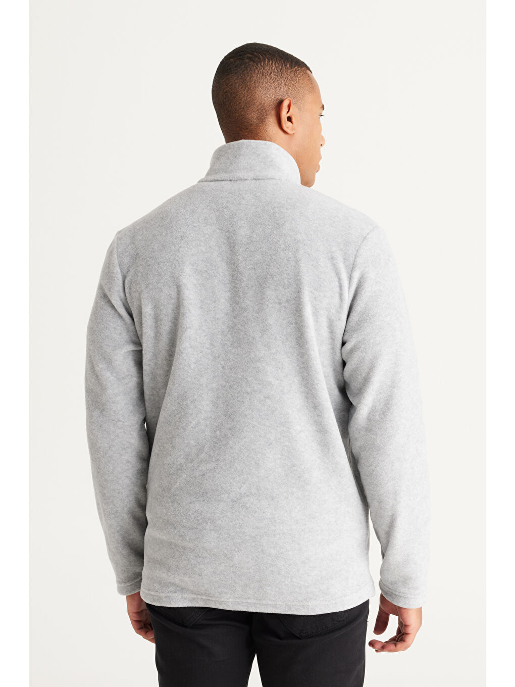 Gri Melanj Standart Fit Bato Yaka Cepli   Soğuk Geçirmez  Erkek Polar Fermuarlı Sweatshirt Hırka-1