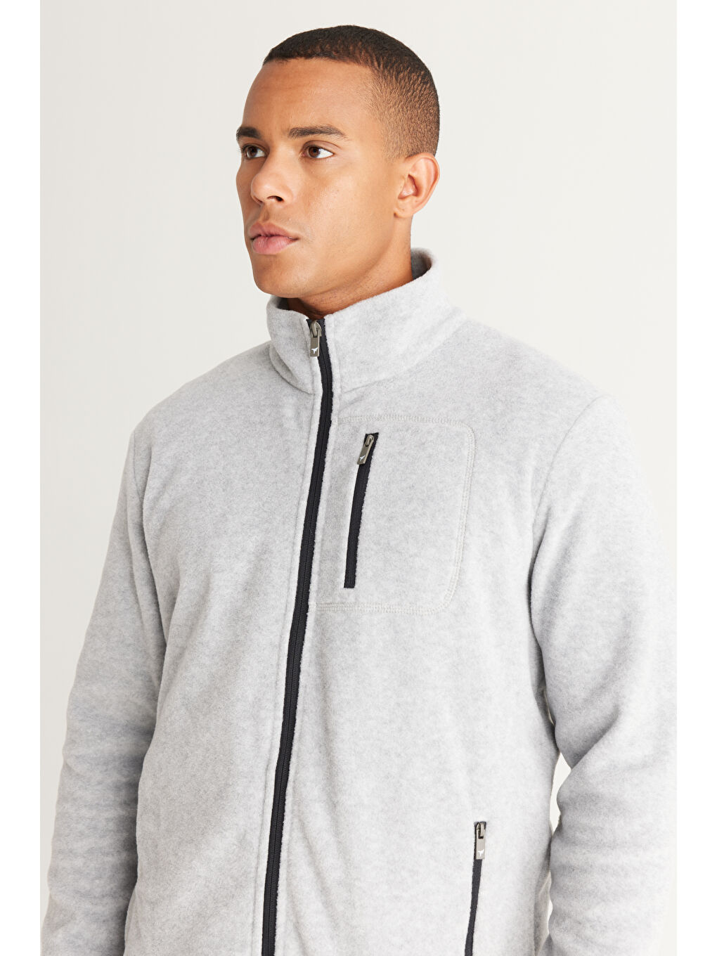 Gri Melanj Standart Fit Bato Yaka Cepli   Soğuk Geçirmez  Erkek Polar Fermuarlı Sweatshirt Hırka-4