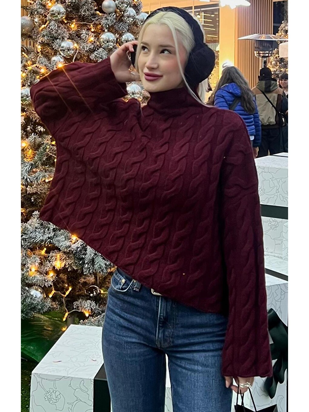 Bordo Balıkçı Yaka Örme Triko Kazak Mg2172-1