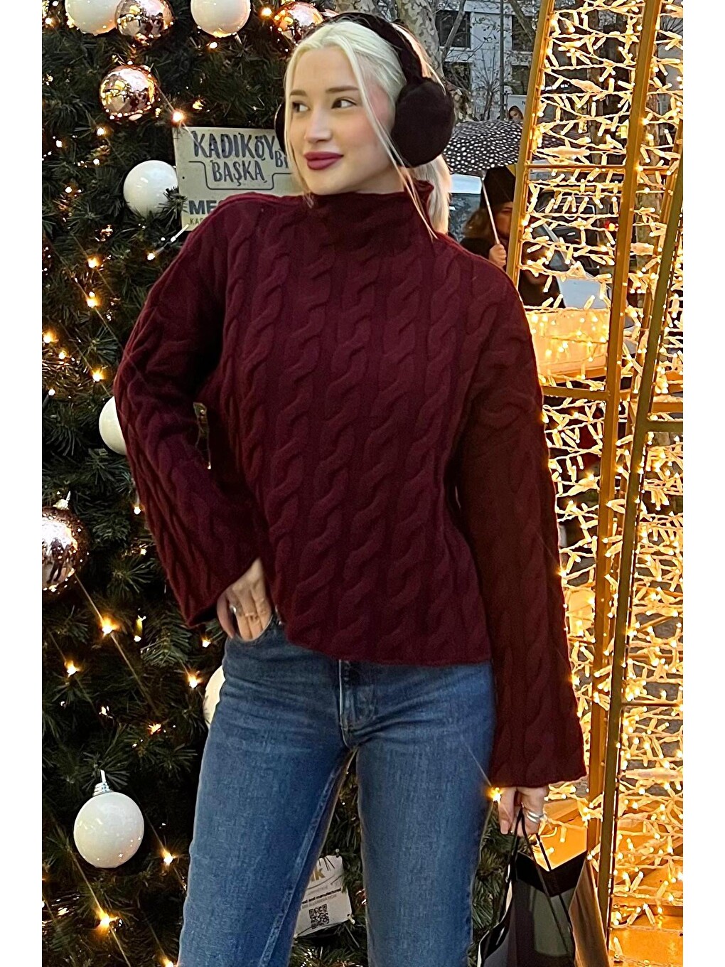 Bordo Balıkçı Yaka Örme Triko Kazak Mg2172-4