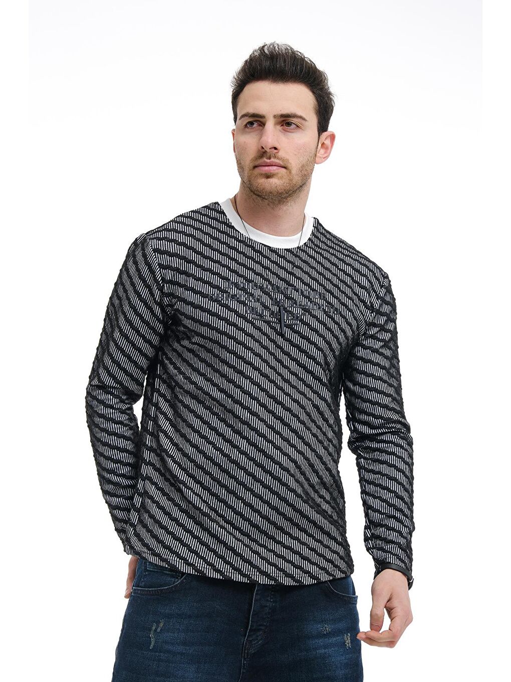 Siyah Bobby Çapraz Çizgili Slim Fit Örgü Erkek Sweatshirt