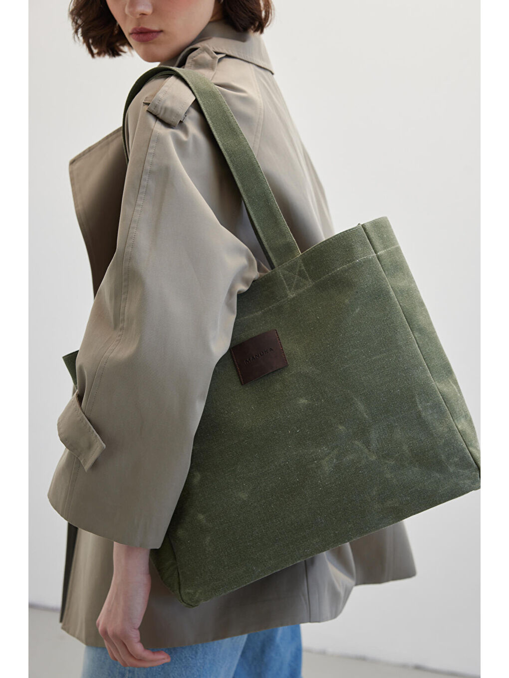 Yıkamalı Tote Çanta Haki-1