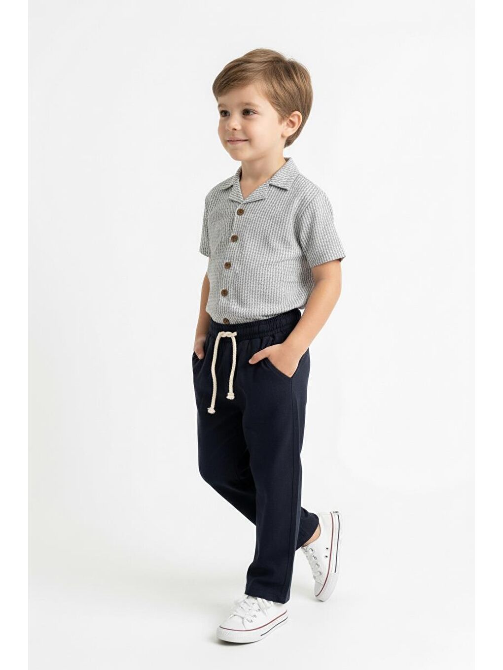 Bej Kabartma Çizgili Gömlek 2li Takım