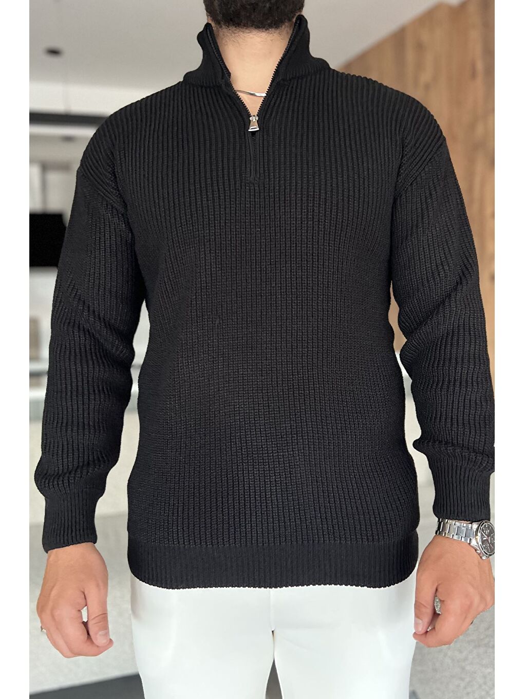 Siyah Erkek Yarım Fermuarlı Triko Kazak-2