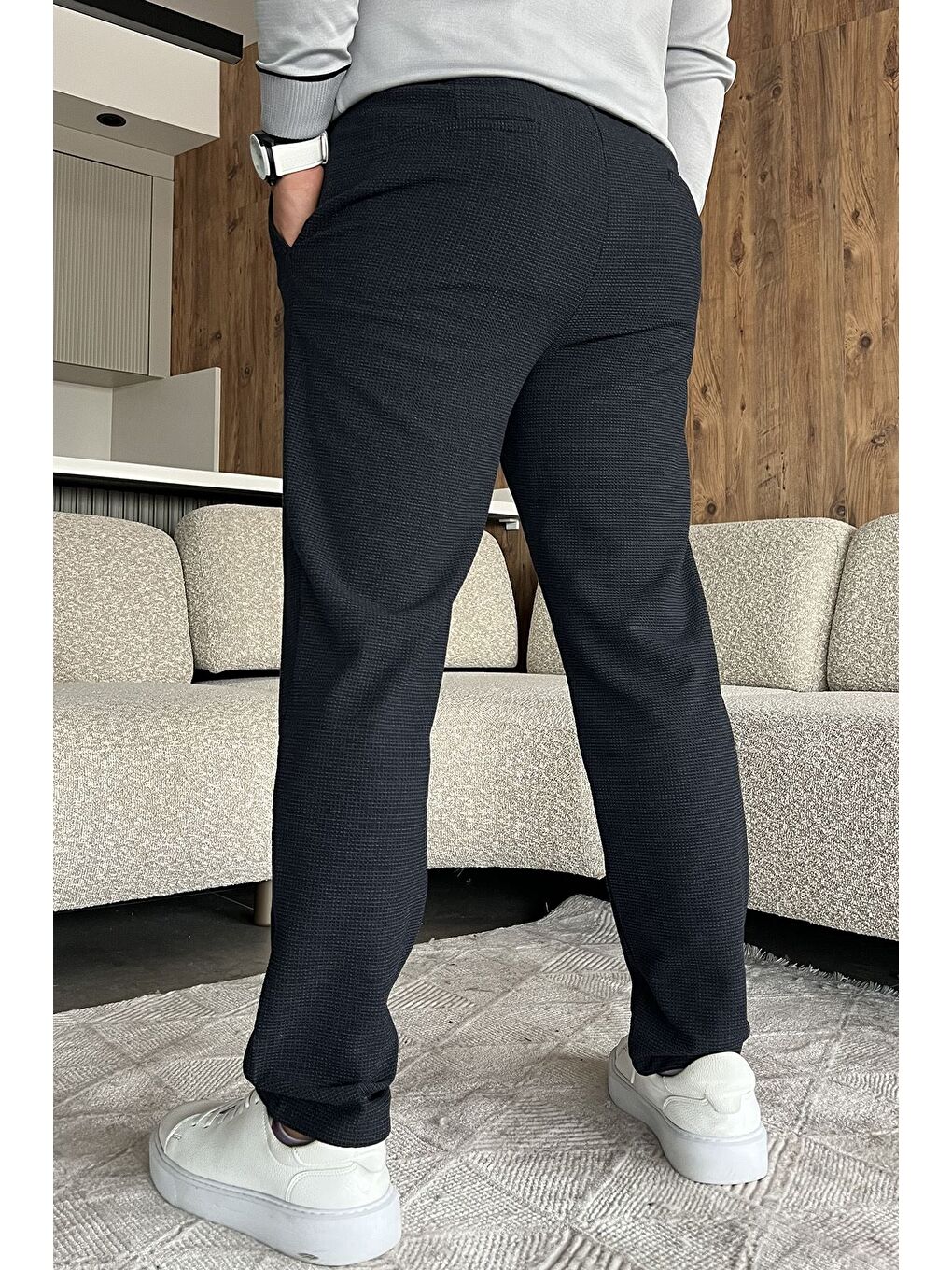 Lacivert Bel Lastikli Kendinden Desenli Jogger Pantolon-3