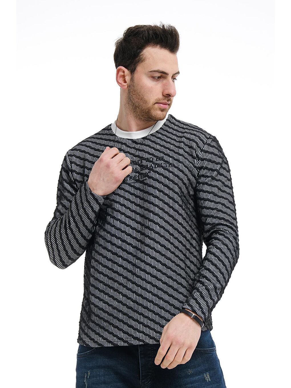 Siyah Bobby Çapraz Çizgili Slim Fit Örgü Erkek Sweatshirt-1
