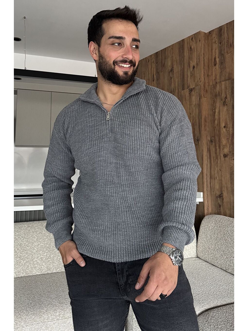 Gri Erkek Yarım Fermuarlı Triko Kazak-1